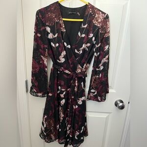 Ivanka Trump Black and Burgundy Floral Wrap Dress